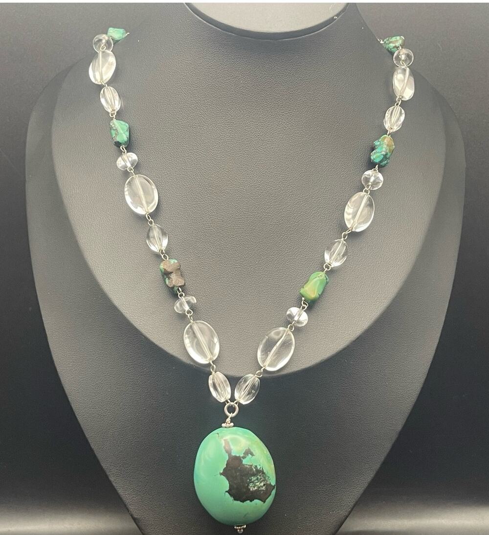 Turquoise Stone and Crystal 19" Necklace Sterling Silver Chain LUC 925 Designer